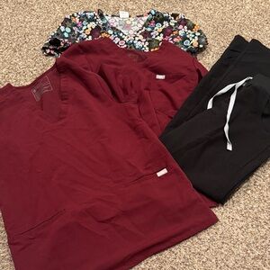 Figs Burgundy and Black Scrub Set with Floral Top